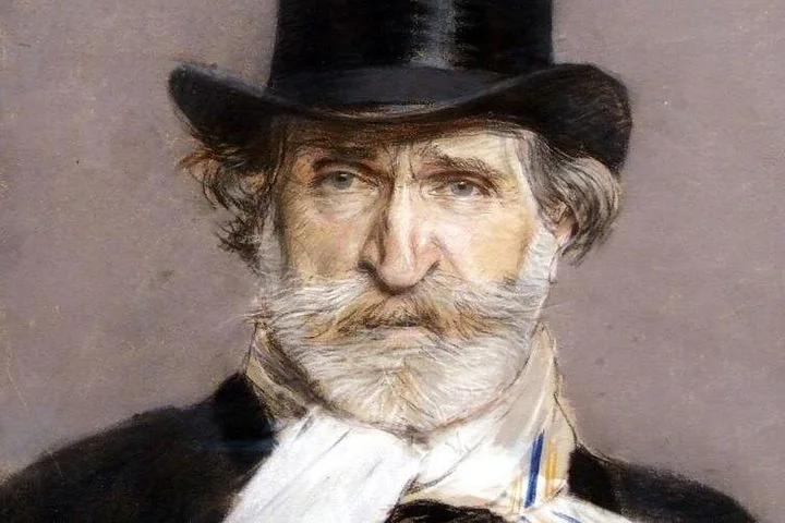 A painted portrait of the old Verdi in a black top hat, with a white beard and a white scarf
